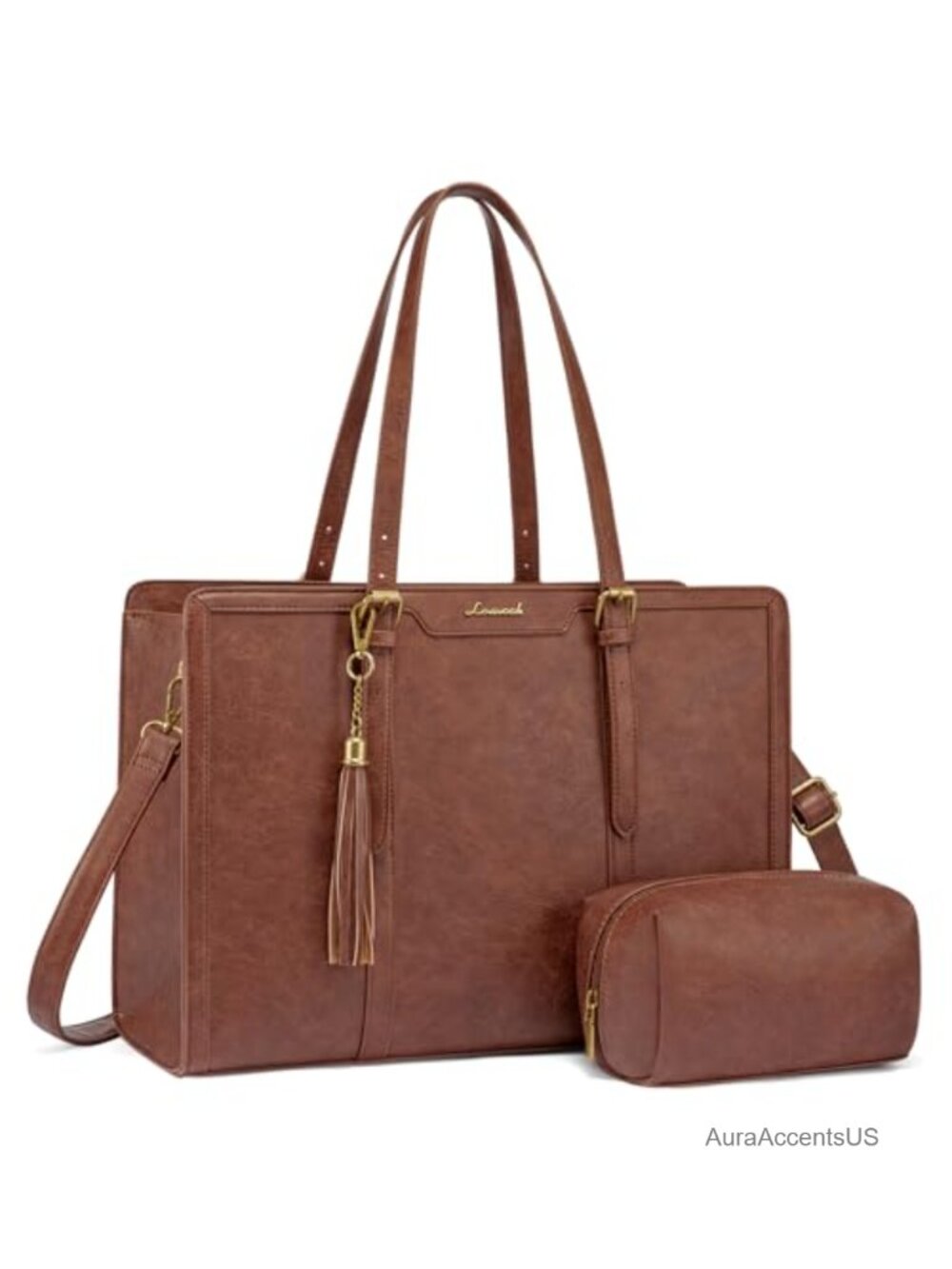 Vintage PU Leather Laptop Tote Bag 15.6 Inch Work Bag Clutch Large Multi-Pocket
